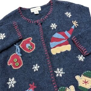 Croft & Barrow Women's Navy Blue Cardigan Sweater Size L Christmas Snowflakes